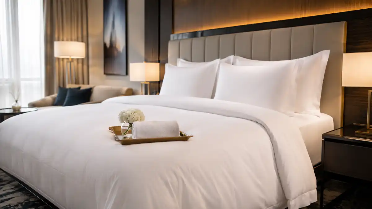 Luxury hotel room with a comfortable white bed and elegant interior design