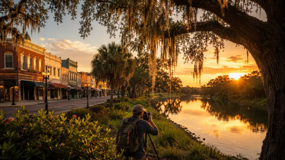 Scenic Arcadia Florida waterfront at sunset with historic streets, greenery, and a photographer taking pictures