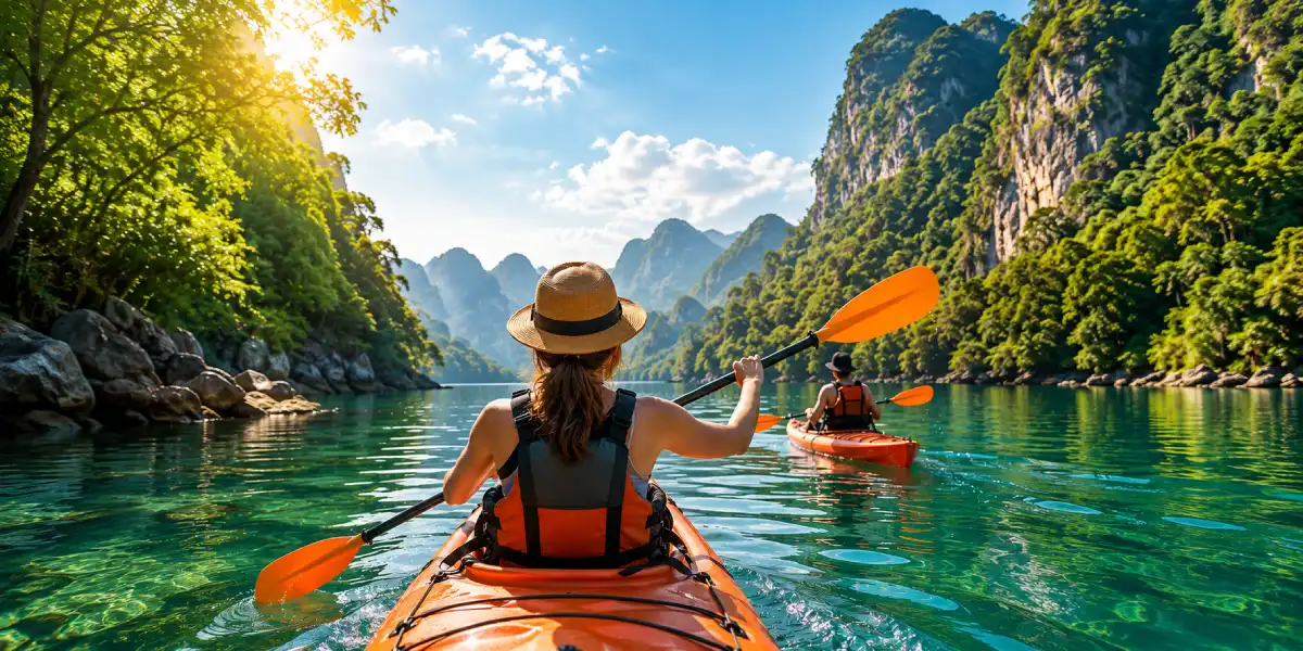 Kayakers enjoying a scenic eco tour on peaceful waterways near Arcadia, Florida, surrounded by lush forests and stunning natural landscapes.