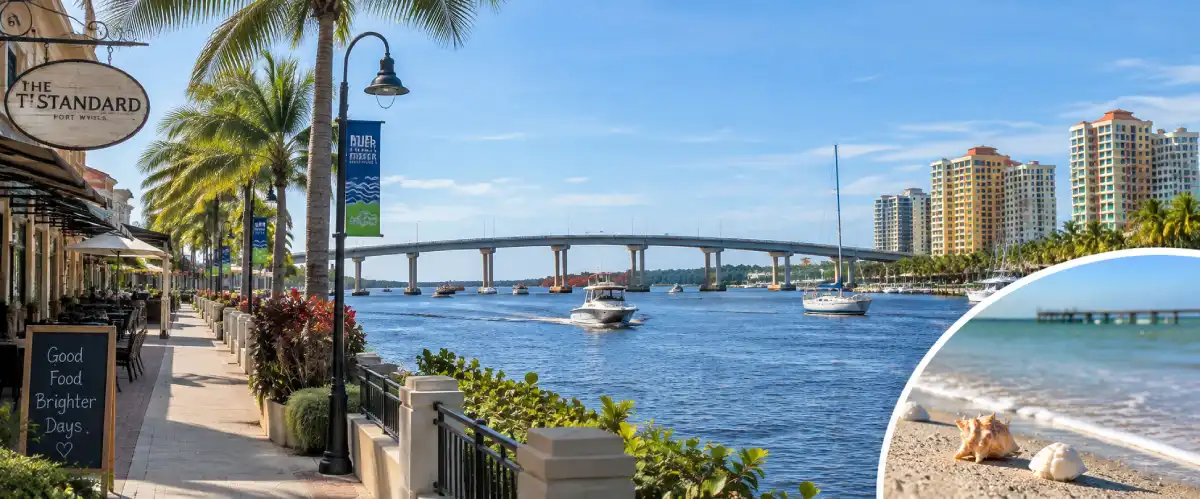 Fort Myers riverfront with palm trees, waterfront walkway, bridge and coastal views for a day trip from Arcadia