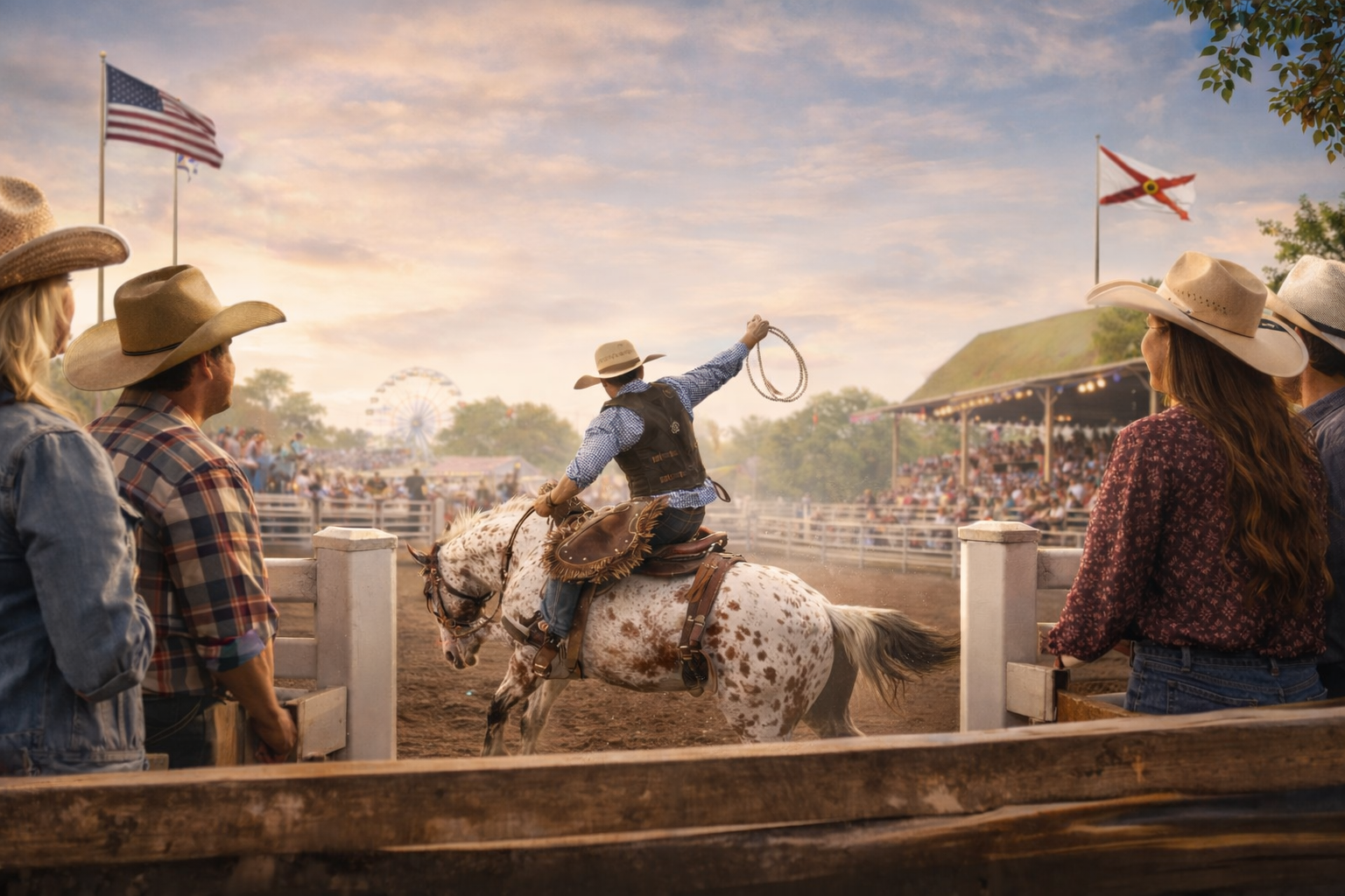 Cowboy performing a rodeo trick on horseback in a lively outdoor arena with spectators at sunset.