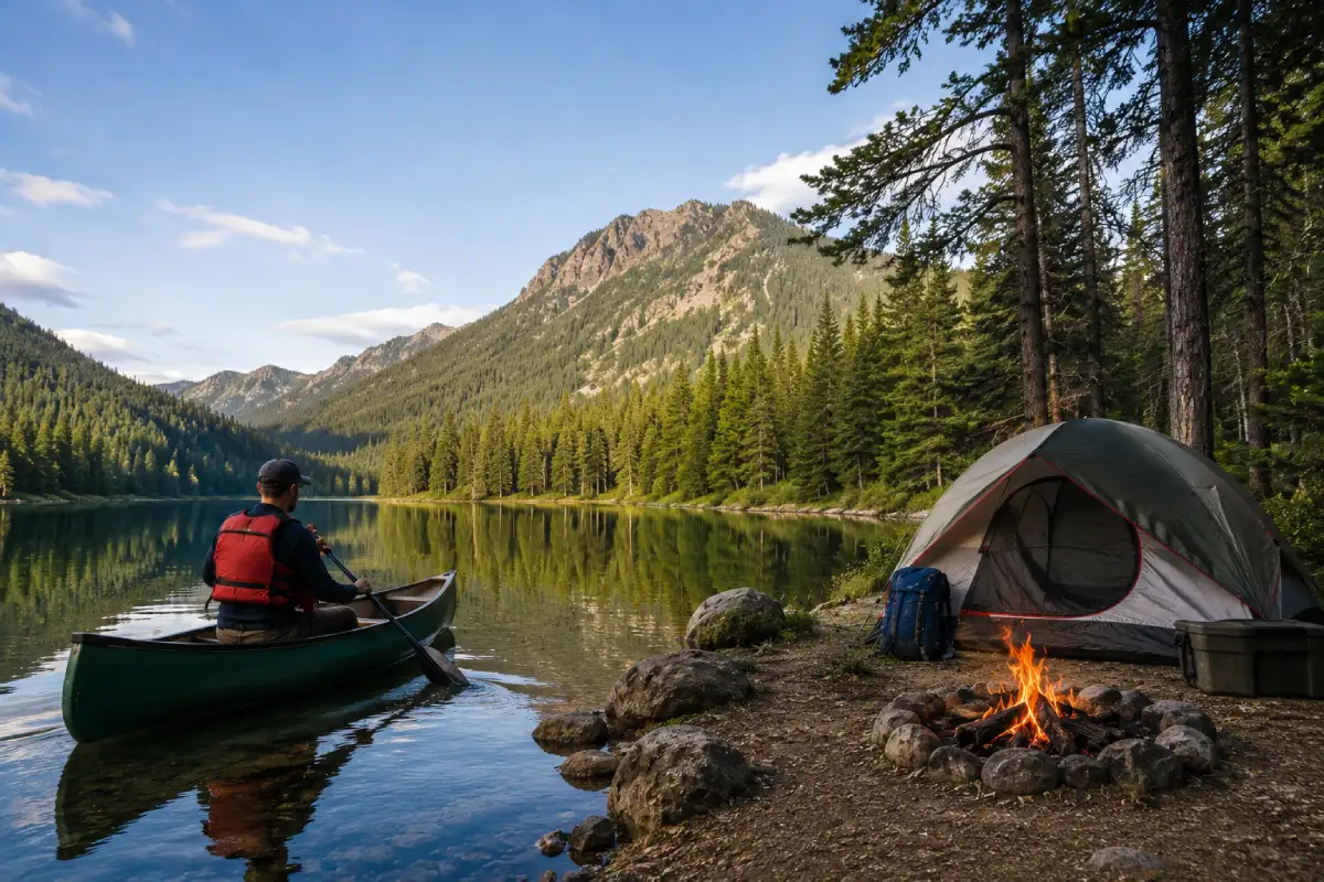 Photorealistic outdoor camping scene near a calm lake surrounded by pine forests and mountains, featuring a camper canoeing on the water beside a tent and campfire during a peaceful nature getaway.