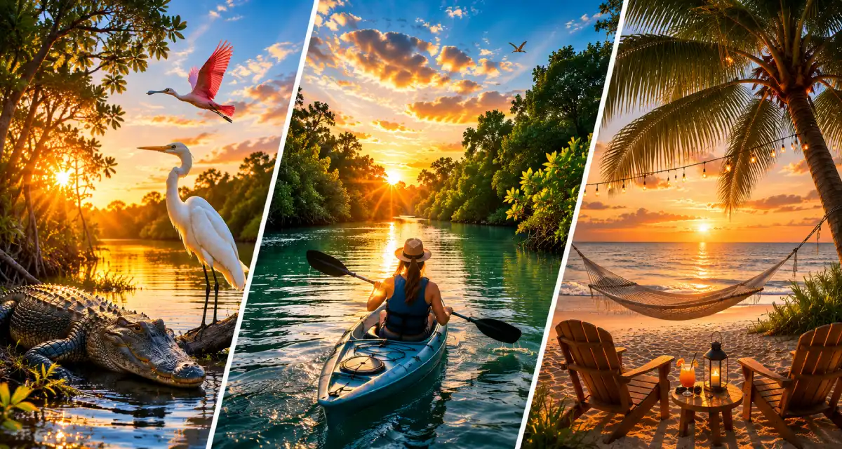 Collage showcasing a Southwest Florida getaway with an alligator and white heron by a river at sunrise, a person kayaking along Peace River through lush mangroves, and a peaceful beach at sunset featuring palm trees, a hammock, and Adirondack chairs