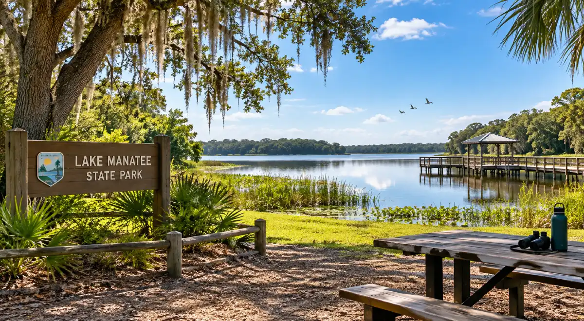 Lake Manatee State Park sign overlooking a peaceful lake with trees, picnic area, and dock.