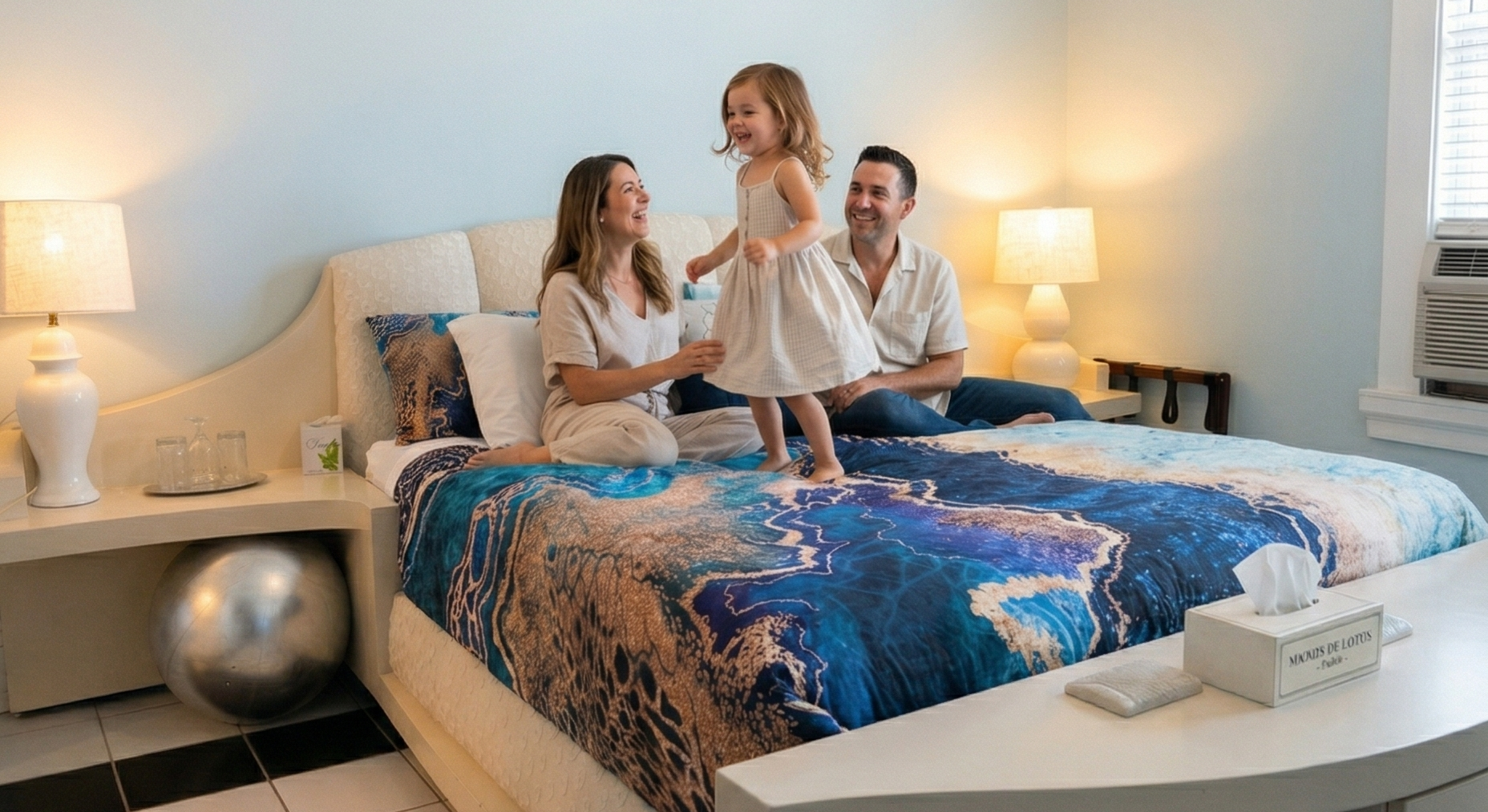 Family enjoying a cozy stay in a modern hotel room.