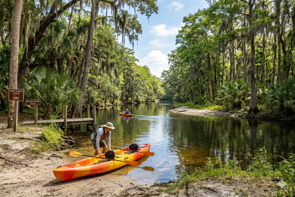 A person preparing a vibrant orange and yellow kayak at a peaceful, tree-lined launch site on the Peace River, surrounded by cypress trees and Spanish moss.