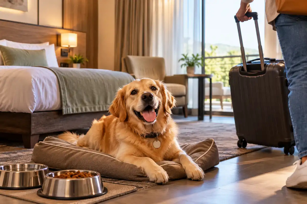 Golden retriever relaxing with its owner in a comfortable pet-friendly hotel room at Oak Tree Hotel in Arcadia.